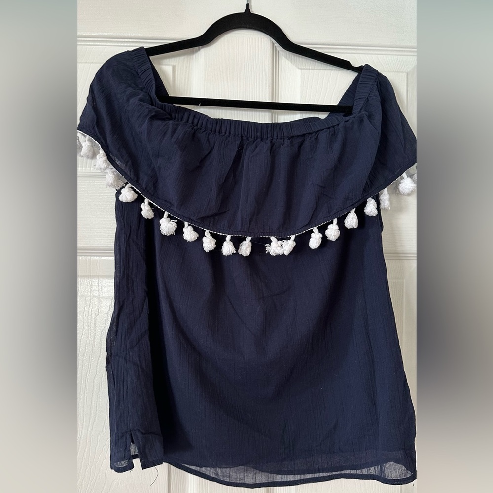 Sail To Sable Women's Blue Off-The-Shoulder White Tassel  Trim Gauze Top